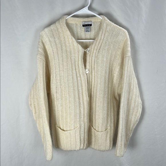 Vintage Express Tricot Mohair/Acrylic Cream Knit bCardigan Sweater -Size Large - Picture 1 of 7